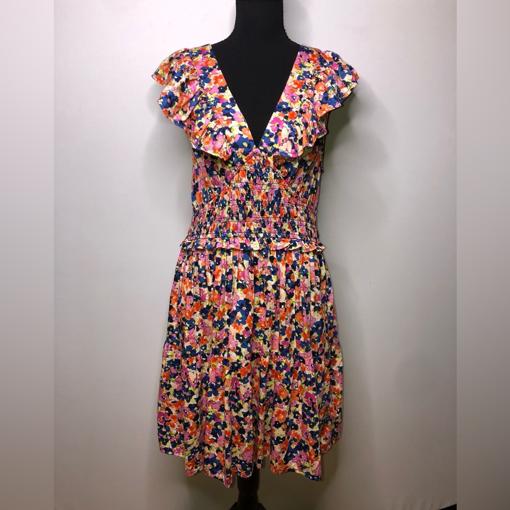 GAP Pink Orange Multicolor Floral Ruffle V-neckline Midi Dress